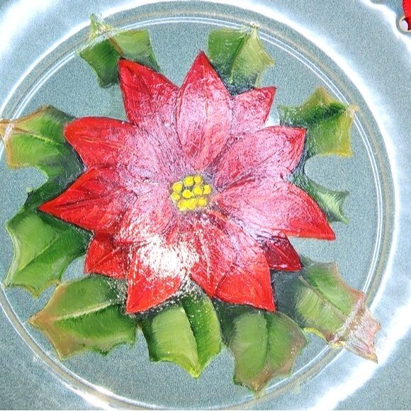 Original Hand Painted Green Poinsettia Ribbon Laced Decorative Christmas Plate - Picture 2 of 5